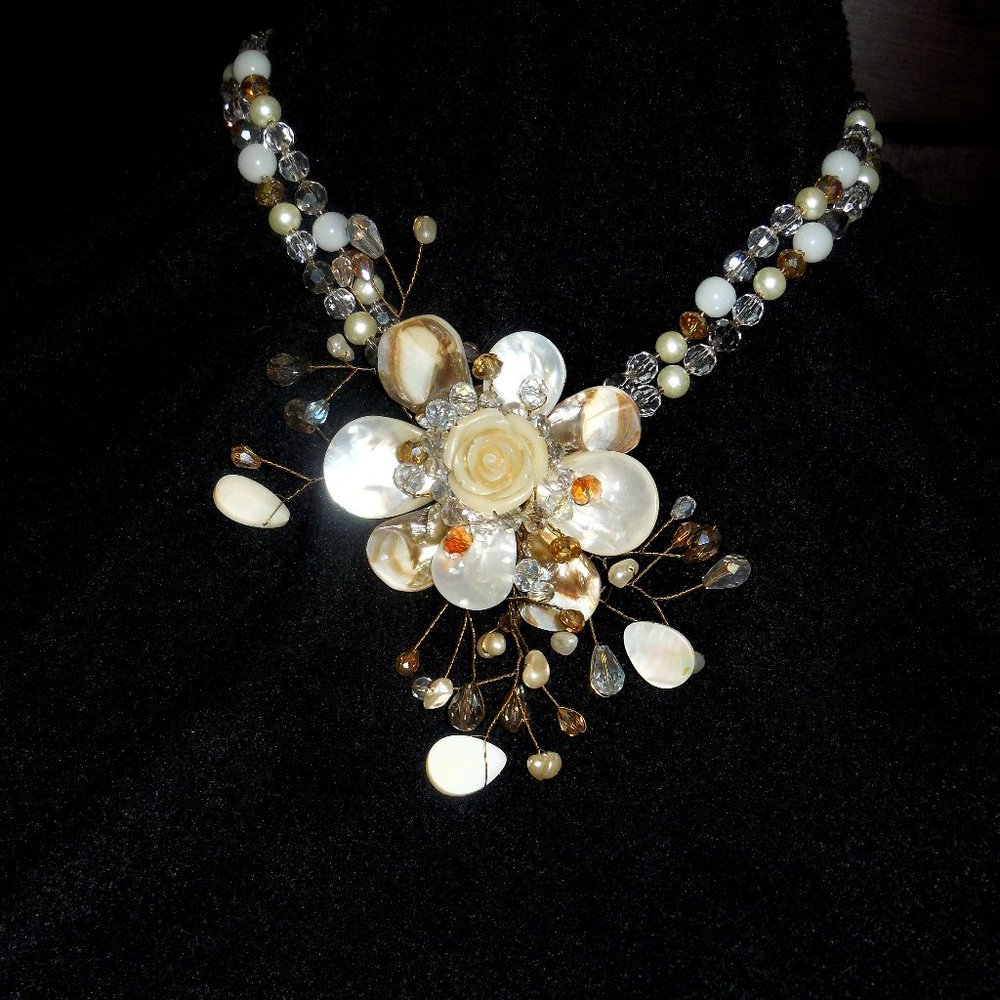 Seashell Necklace with Crystals and Pearls Cameo Center